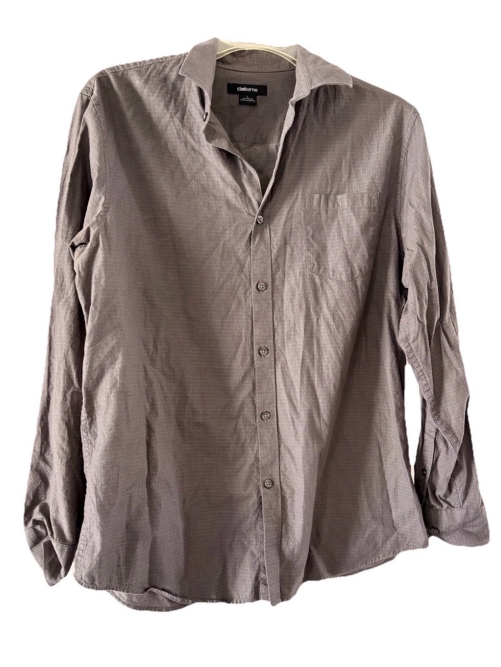 Claiborne Mens Button Down Dress Casual Shirt Large Gray White Dots